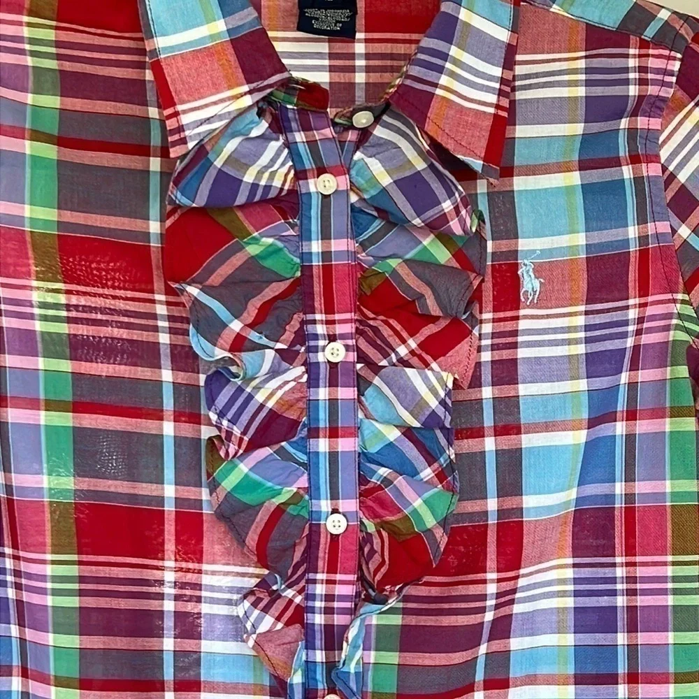 GIRLS pastel plaid ruffled front blouse